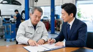 広島の自動車整備業M&Aについて整備工場の代表者とアドバイザーが資料を確認している様子