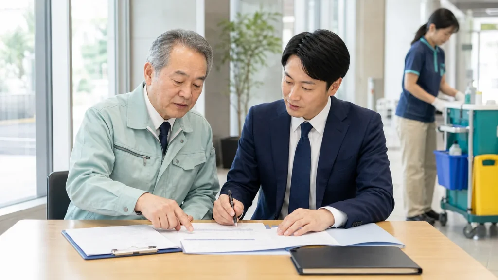 広島のビルメンテナンス・清掃業M&Aについて清掃会社の代表者とアドバイザーが資料を確認している様子