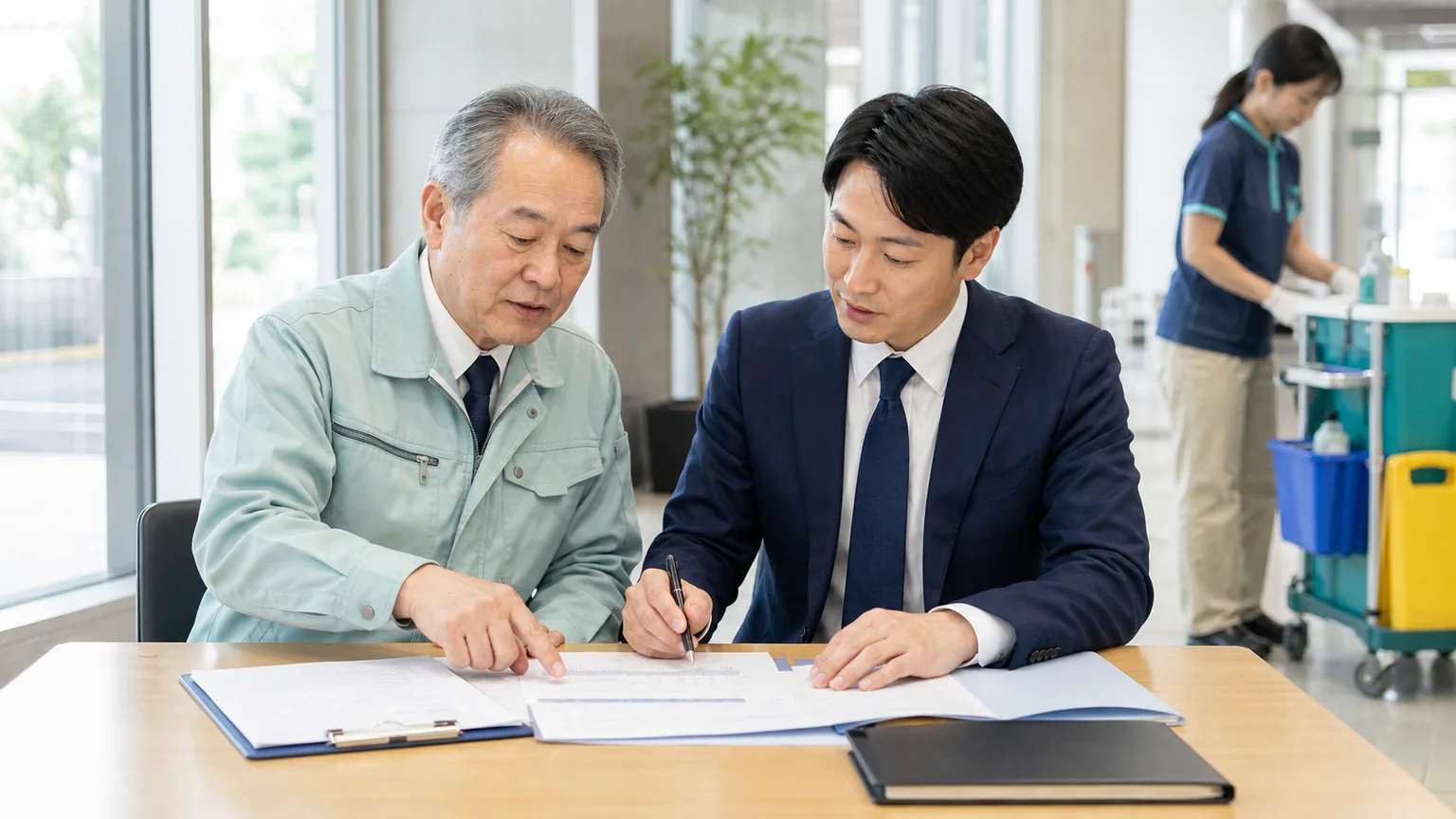 広島のビルメンテナンス・清掃業M&Aについて清掃会社の代表者とアドバイザーが資料を確認している様子