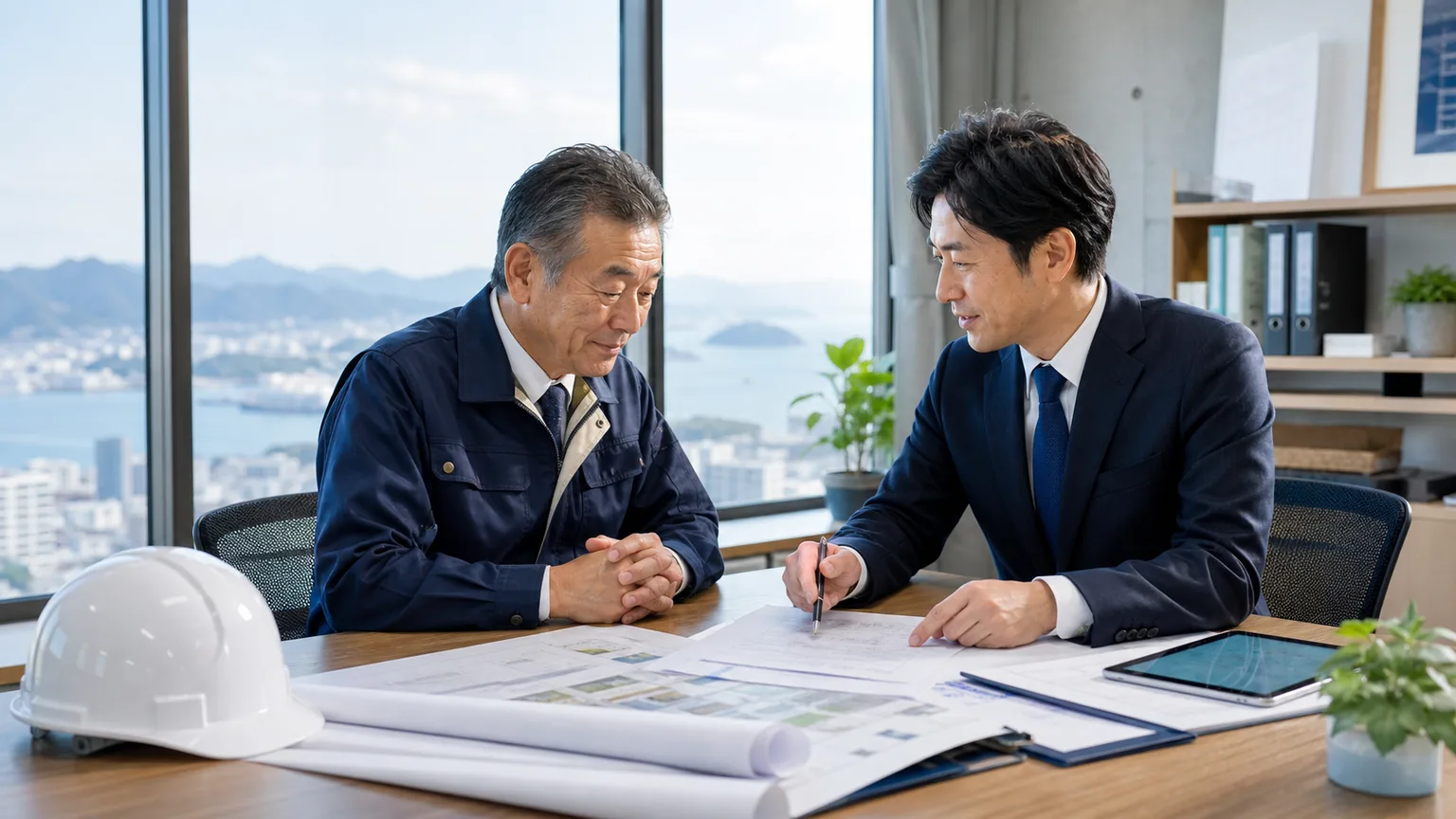 広島の建設業M&Aについて建設会社の経営者とアドバイザーが図面と資料を確認している様子