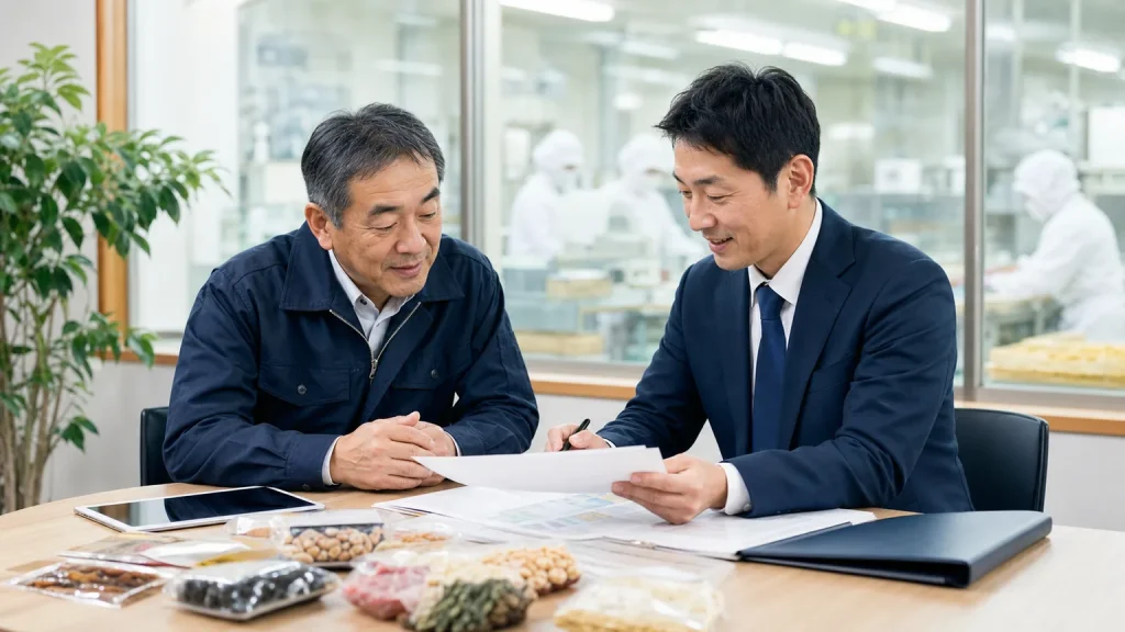広島の食品会社M&Aについて食品会社の経営者とアドバイザーが資料を確認している様子