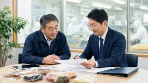 広島の食品会社M&Aについて食品会社の経営者とアドバイザーが資料を確認している様子