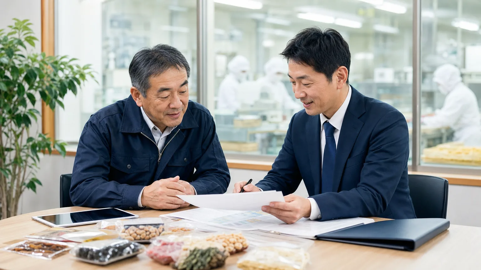 広島の食品会社M&Aについて食品会社の経営者とアドバイザーが資料を確認している様子