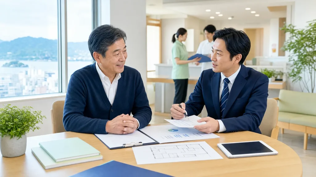 広島の医療・介護事業M&Aについて事業者とアドバイザーが資料を確認している様子