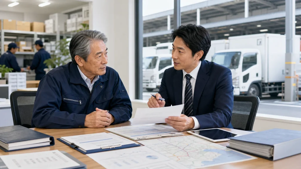 広島の運送会社M&Aについて物流会社の経営者とアドバイザーが資料を確認している様子