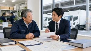 広島の運送会社M&Aについて物流会社の経営者とアドバイザーが資料を確認している様子