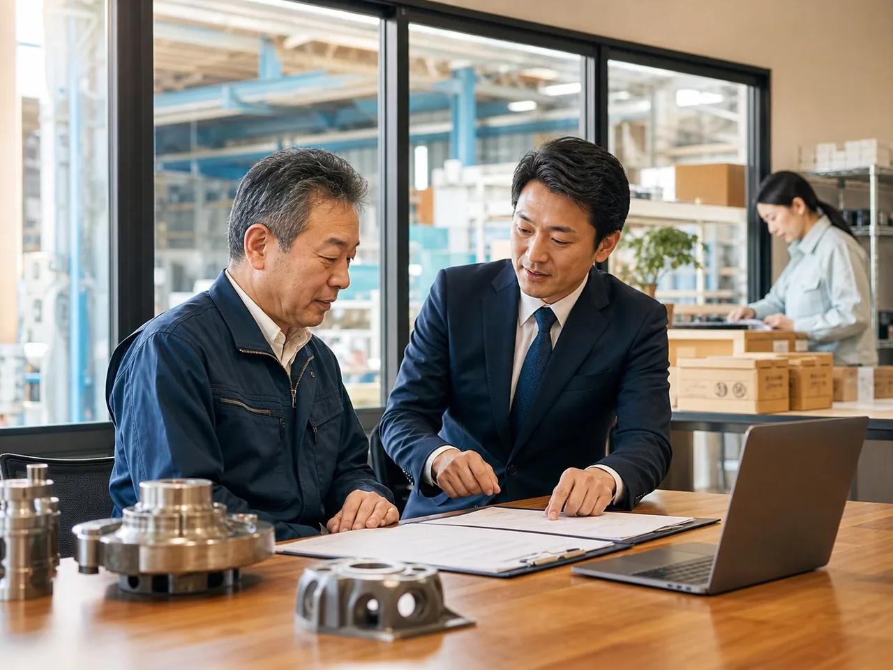 広島の製造業で事業承継について相談する経営者とアドバイザー