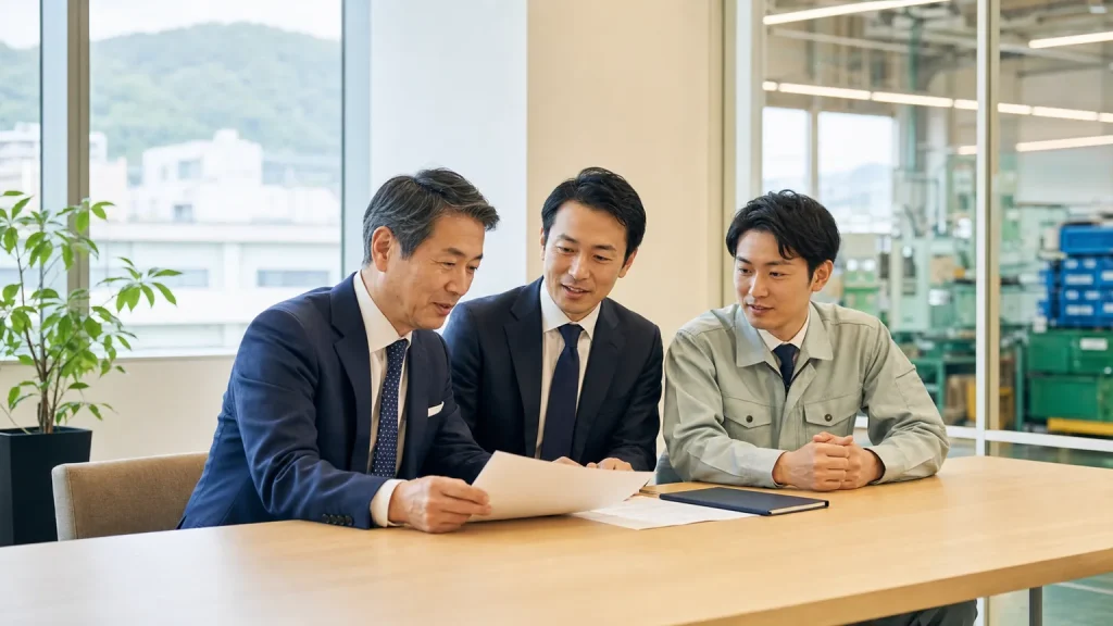 広島の製造業M&Aについて経営者と承継候補者が相談している様子