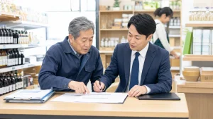 広島の小売・卸売業M&Aについて店舗経営者とアドバイザーが資料を確認している様子