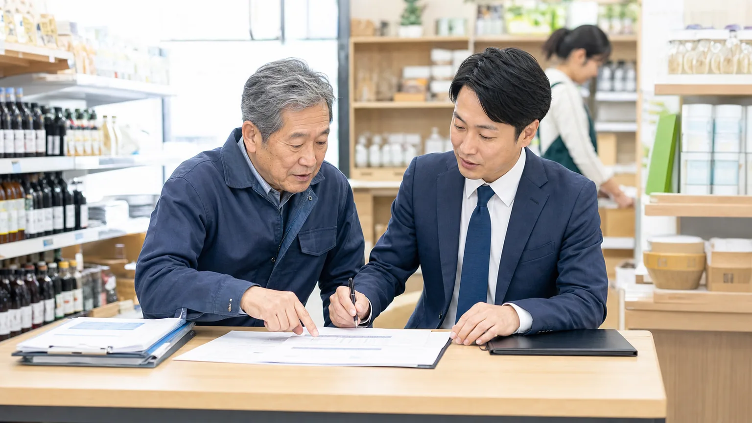広島の小売・卸売業M&Aについて店舗経営者とアドバイザーが資料を確認している様子
