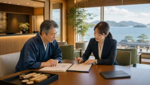 広島の宿泊・観光業M&Aについて旅館の経営者とアドバイザーが資料を確認している様子