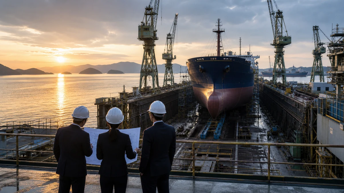 瀬戸内海に面する造船所の船台と建造中の大型商船を俯瞰した造船会社M&Aのイメージ