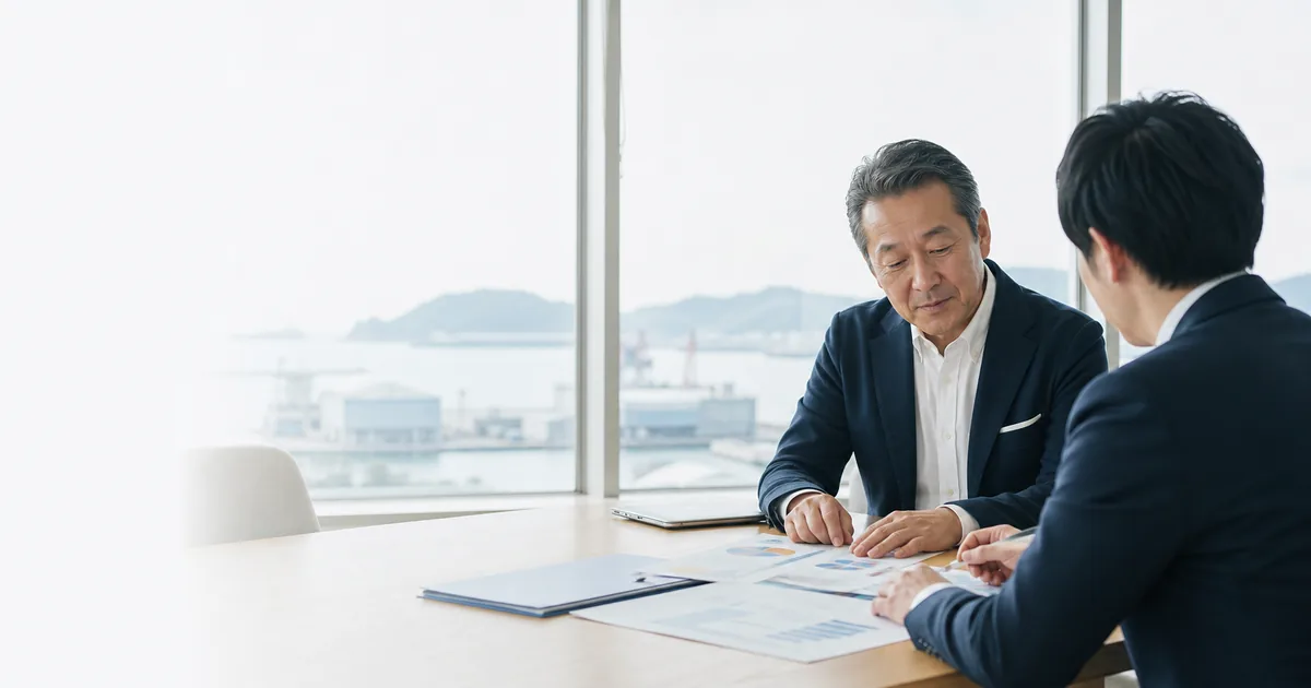 広島県内の中小企業経営者が、落ち着いた会議室で事業承継の条件を相談するイメージ